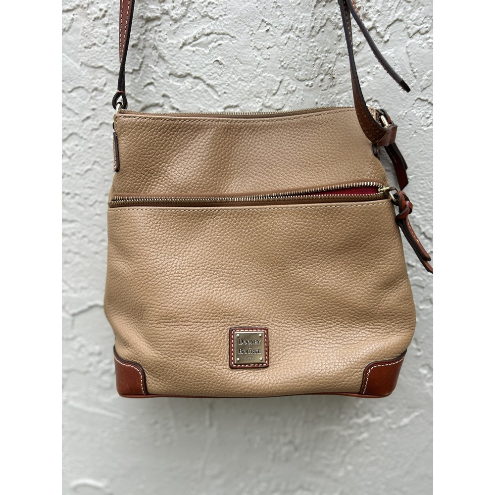 Dooney & Bourke Tan Pebbled Leather Crossbody Bag Brown Trim Gold Hardware
